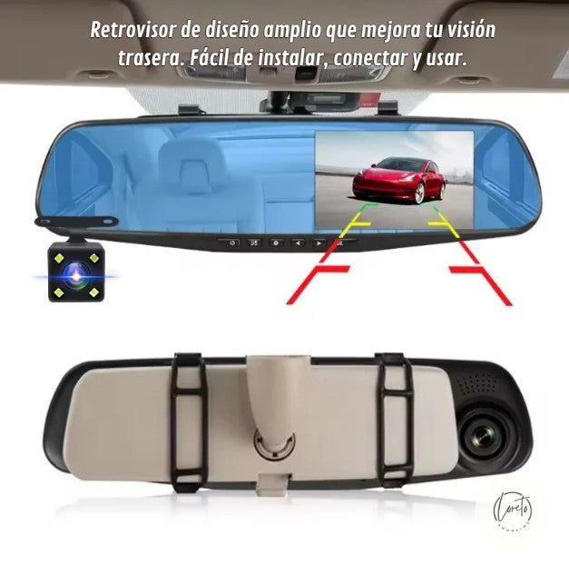 ESPEJO RETROVISOR CON CÁMARA FRONTAL Y TRASERA | Seguridad, tecnología y control total en tu auto.